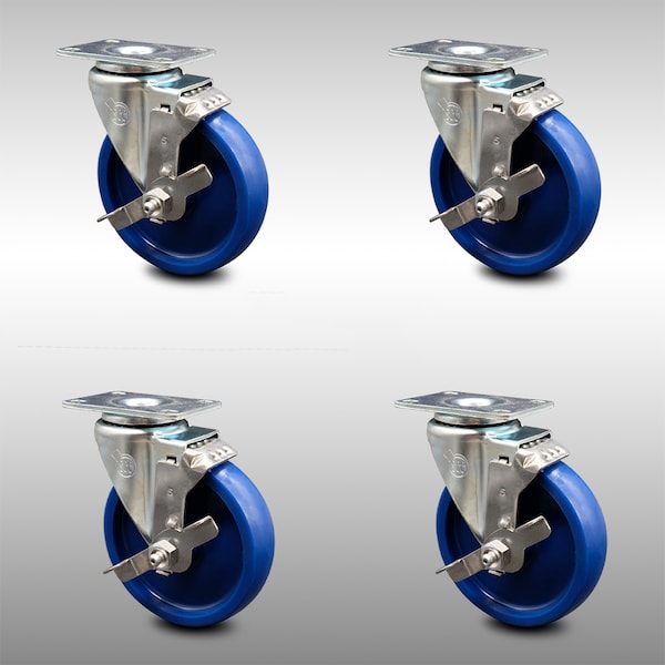 Service Caster 5 Inch SS Solid Polyurethane Swivel Top Plate Caster Set with Brake SCC SCC-SS20S514-SPUS-TLB-4 - main